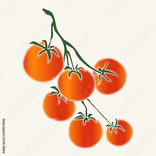 Red cherry tomatoes on a branch vector illustration. Fresh ripe tomatoes cluster isolated on light background for food packaging design.