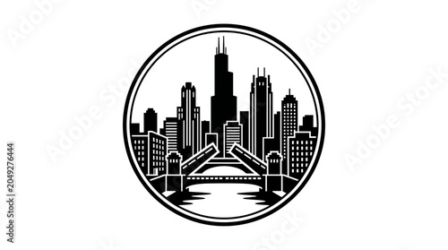 Circular Chicago skyline logo with bridge and river.