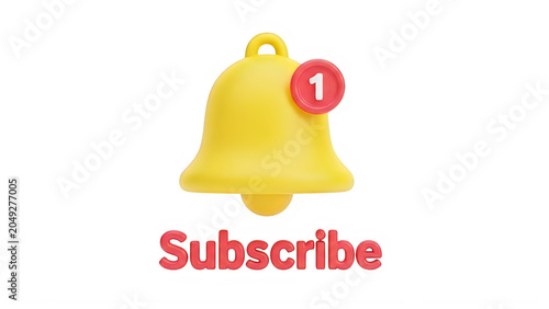 A vibrant yellow bell icon with a red notification dot above it and the word subscribe below. isolated on transparent background