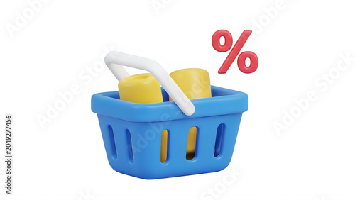 A blue shopping basket filled with various fruits and a red percentage sign isolated on transparent background