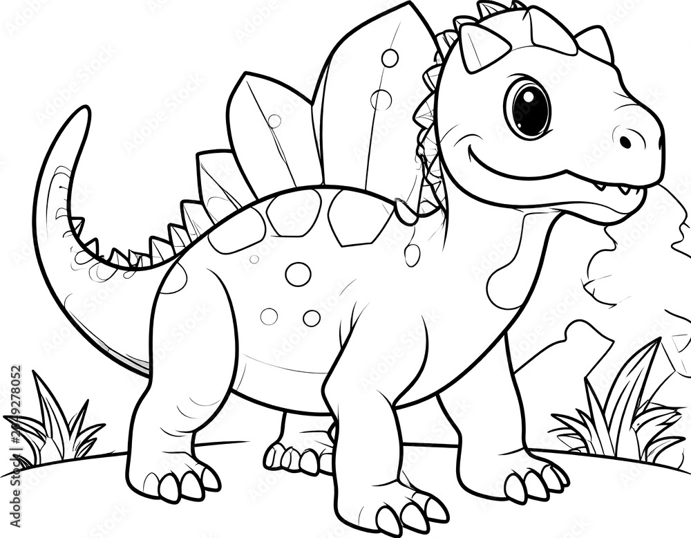 Fototapeta premium Adorable, friendly illustration of a stegosaurus with its characteristic plates, spikes, and smiling face, standing on grass