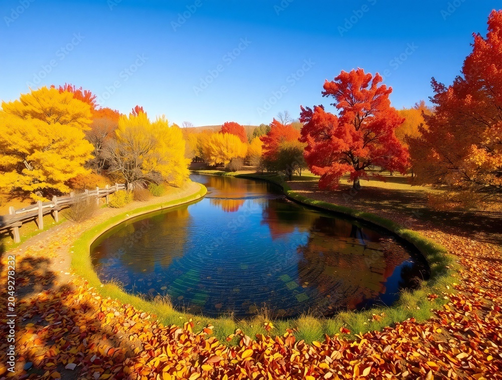 Obraz premium Vibrant autumn colors reflecting in a serene pond surrounded by trees