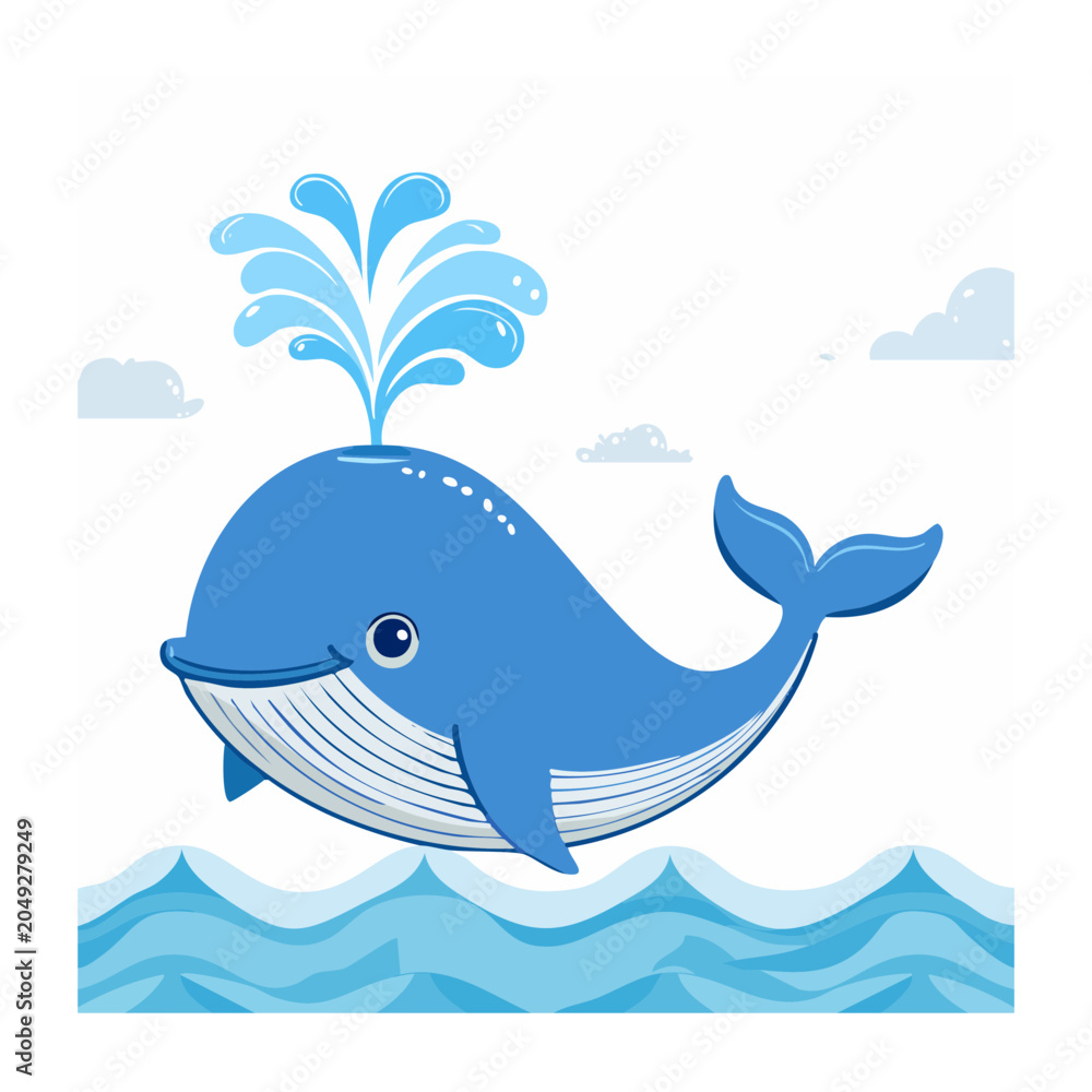 Fototapeta premium Cute blue whale spraying water in the ocean
