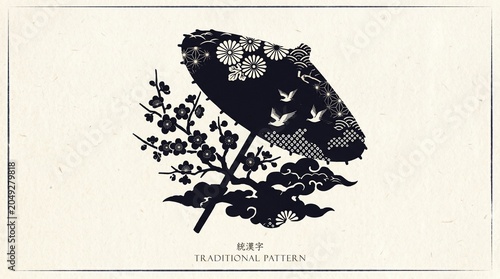Schilderij op canvas Traditional japanese umbrellas with floral patterns and birds in silhouette