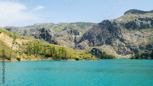 Canvas Print Panoramic Landscape view on green canyon Antalya Turkey with turquoise water mountain cliffs and green forest