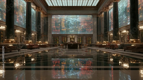Grand Luxurious Hotel Lobby with Futuristic Digital Wall Installations