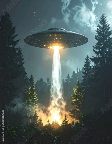A UFO hovers above a forest, emitting a bright beam of light (2)