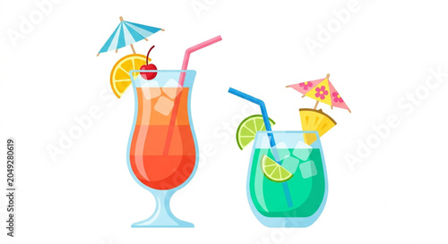 Cocktail, drink, vector icons, orange and green, umbrella, straw, fruit, beverage, illustration