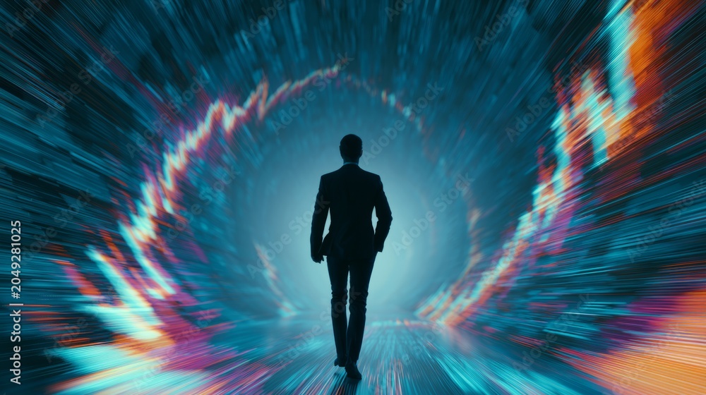 Fototapeta premium Businessman Walking Through Hyperspeed Tunnel Of Light