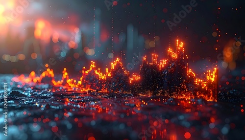 A vibrant, abstract cityscape at dusk with glowing orange lights
