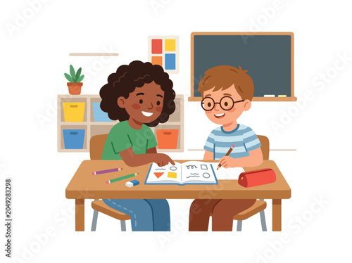 Two young students working together on classroom exercises and educational activities, developing problem-solving abilities, cooperation, focus, and academic success