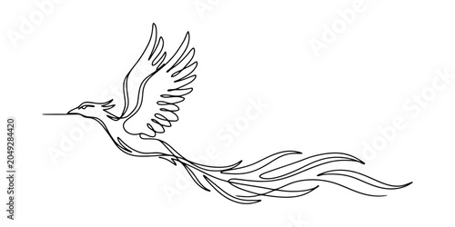 Photos Elegant one line drawing of a phoenix bird flying with flowing tail feathers