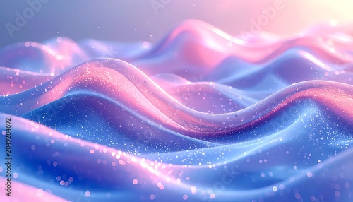 A vibrant, abstract landscape of undulating waves in pink and blue hues