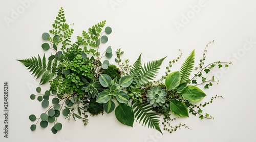 diverse green botanical foliage and succulents flat lay on white background