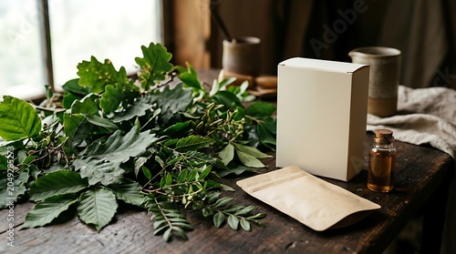 Eco-friendly cosmetic packaging mockup with white box and herbal leaves on wood