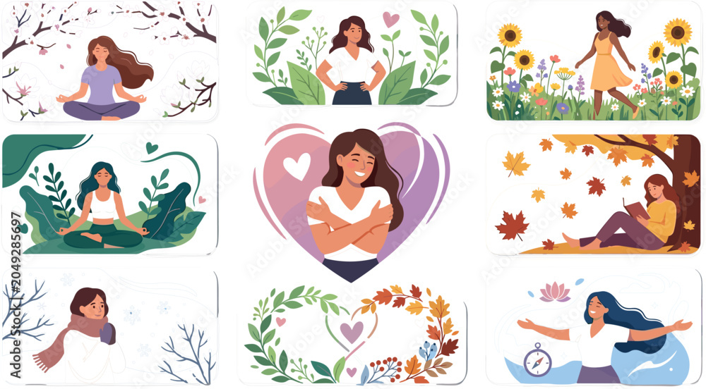Fototapeta premium Flat Vector Mental Health and Self Care Illustration Set Featuring Diverse Women Meditating, Embracing Themselves, Connecting with Nature, and Practicing Mindfulness Exercises