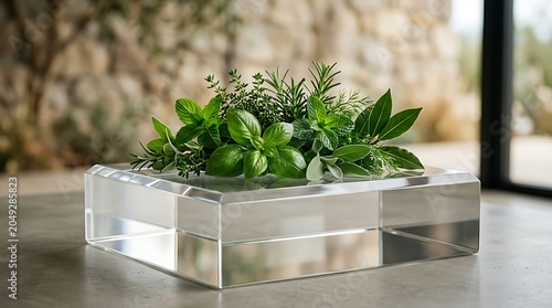 Fresh culinary herbs arranged on a modern clear acrylic block plinth
