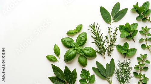 Fresh culinary herbs assortment on white background with copy space