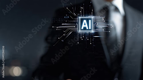 Businessman interacting with glowing AI chip with circuits on dark background