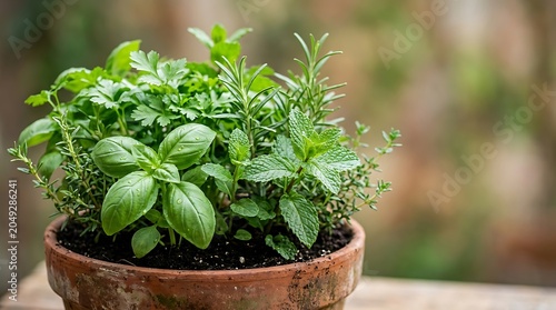 Fresh culinary herbs like basil mint and rosemary growing in a terracotta pot