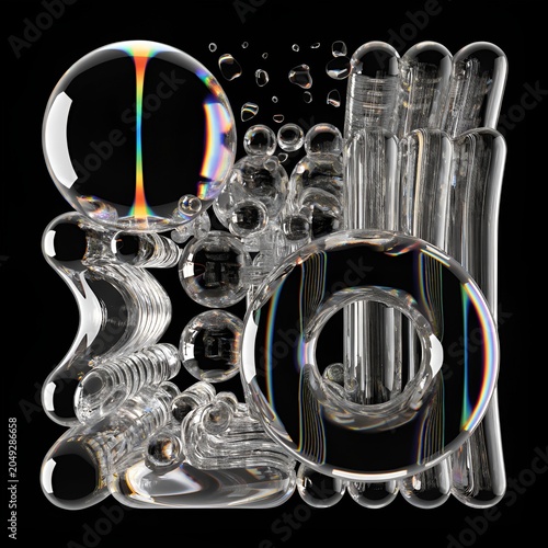 Abstract 3D liquid glass shapes with iridescent rainbow light refraction on black background
