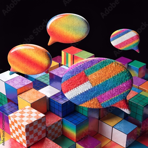 Colorful Speech Bubbles Floating Above Abstract Geometric Cubes, Communication Concept