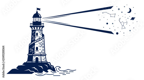 Schilderij op canvas Lighthouse beam illuminates constellations and planets in night sky