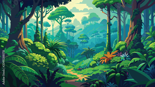 Foto Lush jungle vista with vibrant foliage and atmospheric perspective during daylig