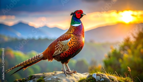 A vibrant pheasant stands on a rocky outcrop at sunset