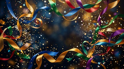 Festive Background with Colorful Ribbons, Confetti and Golden Stars