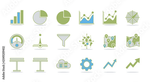 Data Analysis Icons Set: Charts, Graphs, Maps, Gears, Cloud, Funnel