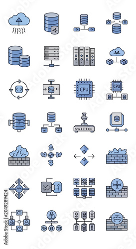 Database and Cloud Computing Icons: Data Storage, Networking, Servers, Security
