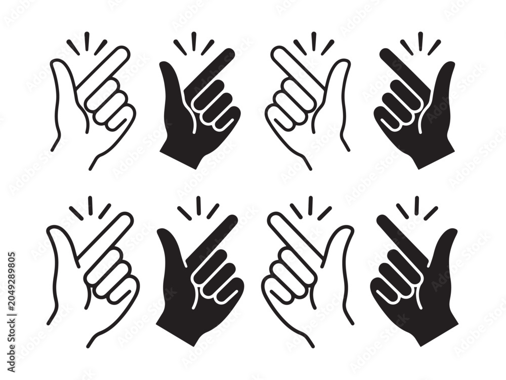 Fototapeta premium Finger snap icon snapping hand gesture vector set, easy click quick idea click and instant rhythm concept collection featuring linear outline and solid black graphic symbols