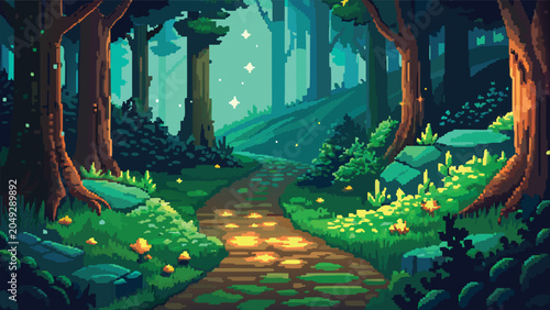 Bild auf Leinwand Pixelated forest path with glowing stones during twilight with magical sparkles