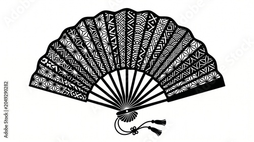 Traditional folding fan with intricate pattern and decorative tassel, handheld