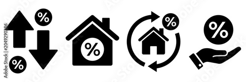 Mortgage rate, real estate finance, and loan interest percentage icon set