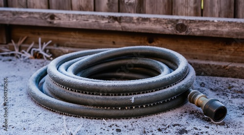Frozen garden hose lies on snowy ground near wooden fence. Outdoor equipment shows frost and icicles from winter cold. Time for winterizing yard tools for colder seasons.
