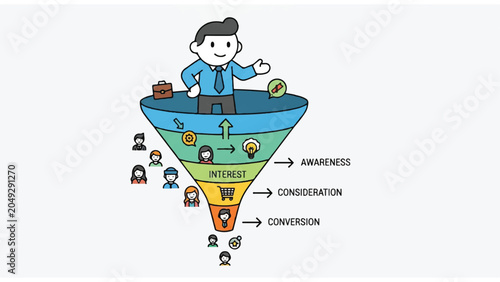 Businessman in marketing sales funnel process.