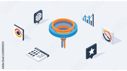 Colorful business icons and graphs.