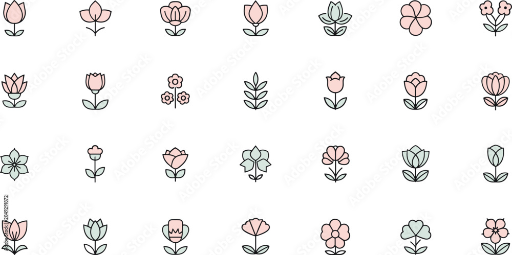 Obraz premium Minimal Flower Icon Set With Pastel Botanical Blossoms Simple Line Stems And Decorative Garden Floral Vector Illustration
