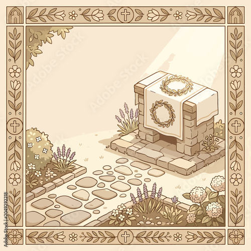 Foto Ancient stone altar with wreath decoration.