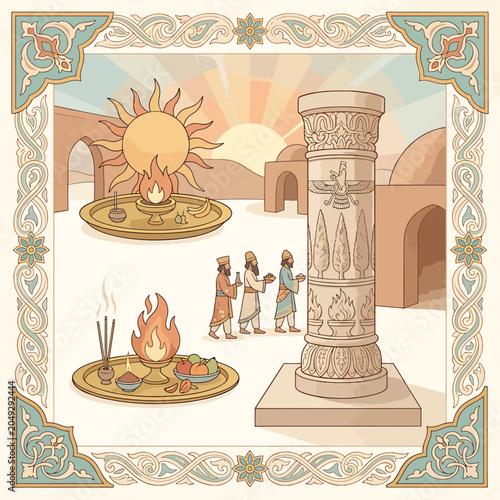 Ancient Zoroastrian Fire Temple Rituals Scene.