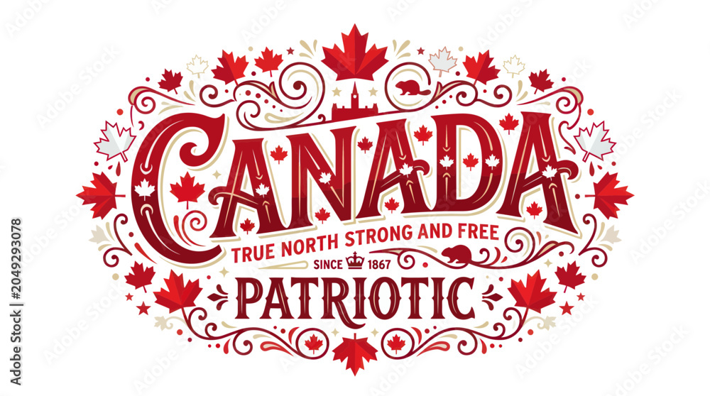 Fototapeta premium Canada Patriotic Design with Maple Leaves and Beaver, True North Strong and Free