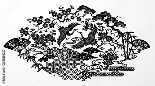 Traditional japanese art scene with cranes and flora silhouette, japanese