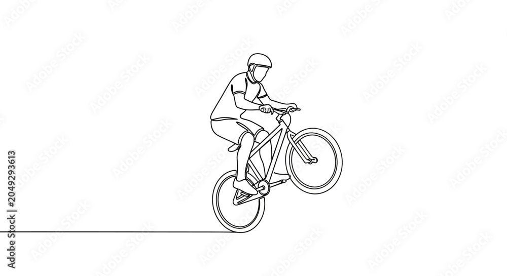 Naklejka premium One Line Drawing: Cyclist Performing a Wheelie on Bicycle
