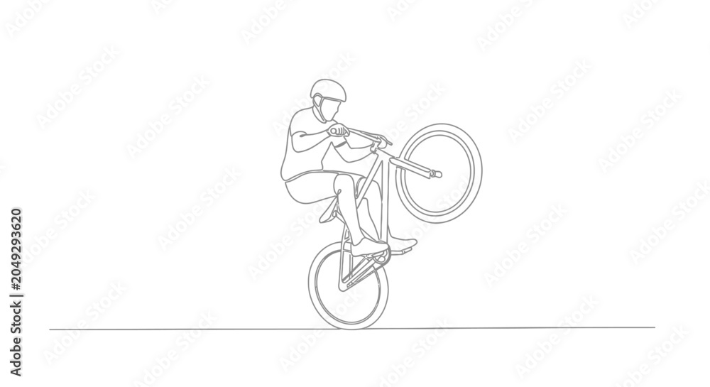 Naklejka premium BMX rider performing a wheelie on a bicycle, single line drawing, sports lifestyle