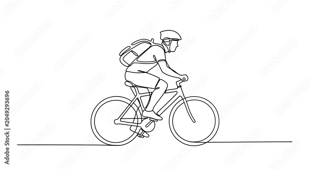 Obraz premium Continuous line drawing of a cyclist with backpack on white background