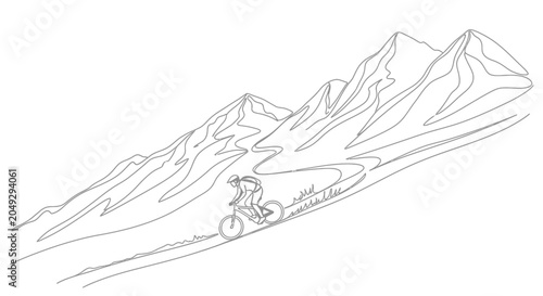 Obraz na plátne Mountain Biker Descending Steep Slope with Winding Trail and Peaks - Line Art