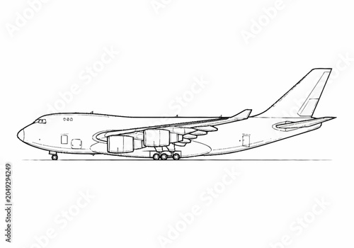 Foto Detailed Line Drawing of a Large Cargo Aircraft Side View.