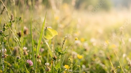 Yellow brimstone butterfly resting on a blade of grass in a meadow